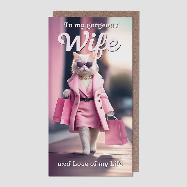 Birthday Card: To my Gorgeous Wife - Cat Shopping - Pigment