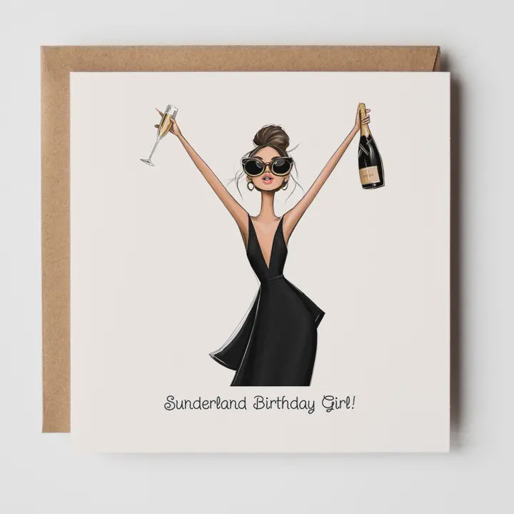 Birthday Card: Wokingham Birthday Girl - Champagne & Sunglasses - Timmy Loves