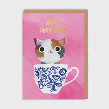 Card: Fluted Gold Foil Pink Teacup Cat Angela Rozelaar - Ohh Deer