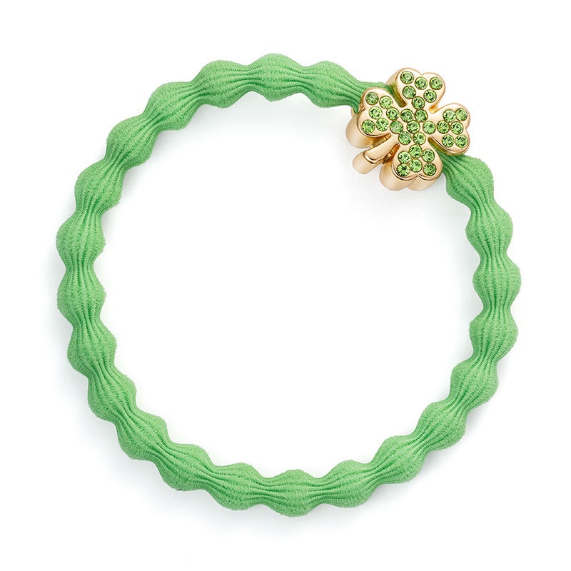 Hairband Bracelet: Stretch Bubble Elastic Gold Diamante Clover - Green - By Eloise