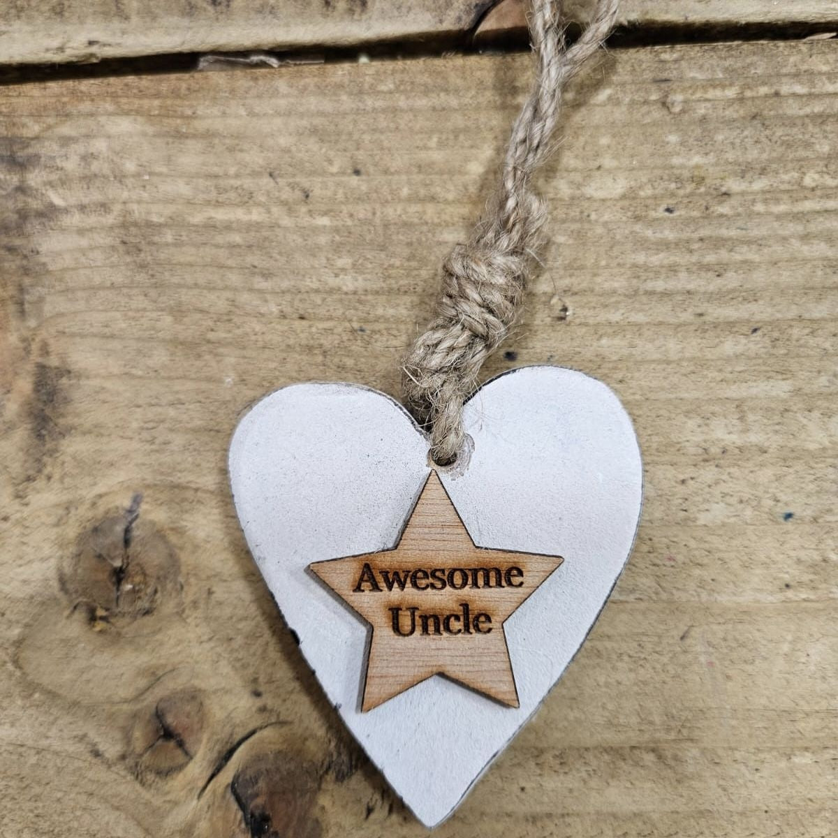 Chunky Awesome Uncle Hanging Heart Wood Sentiment Decoration - White w Natural  Star Tag