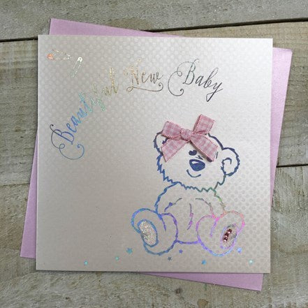New Baby Card: Girl  Teddy Bear Hand Finished Crystals & Glitter - Pink - White Cotton Cards