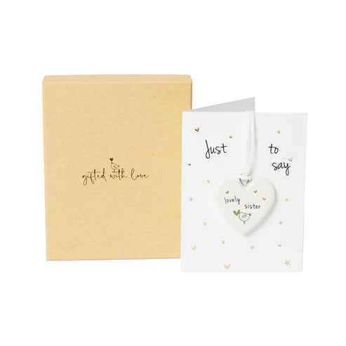 Token: Ceramic Mini Heart On Card & Boxed - Lovely Sister - BellyButton Designs