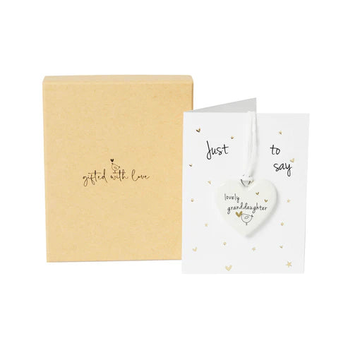 Token: Ceramic Mini Heart On Card & Boxed - Lovely Granddaughter - BellyButton Designs