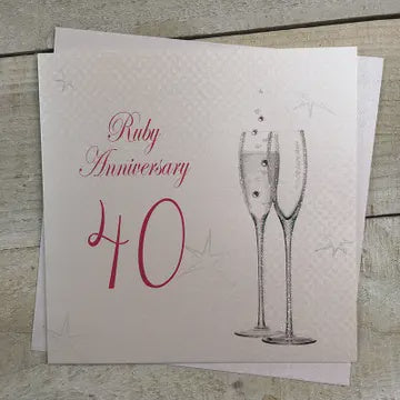 Anniversary Card: 40th Ruby  Anniversary Champagne Flutes - Hand Finished - White Cotton Cards