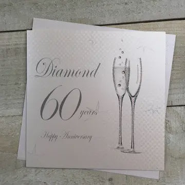 Anniversary Card: 60th Diamond Anniversary Champagne Flutes - Hand Finished - White Cotton Cards