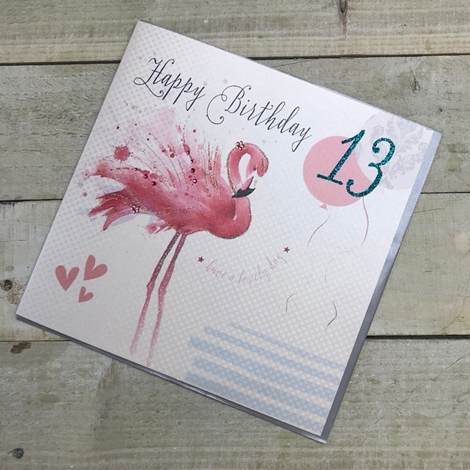 Age 13th Card: Have a Lovely Day Flamingo  - White Cotton Cards