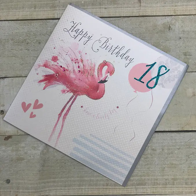 Age 18th Card: Flamingo Hand Finished Crystals & Glitter - Pink - White Cotton Cards