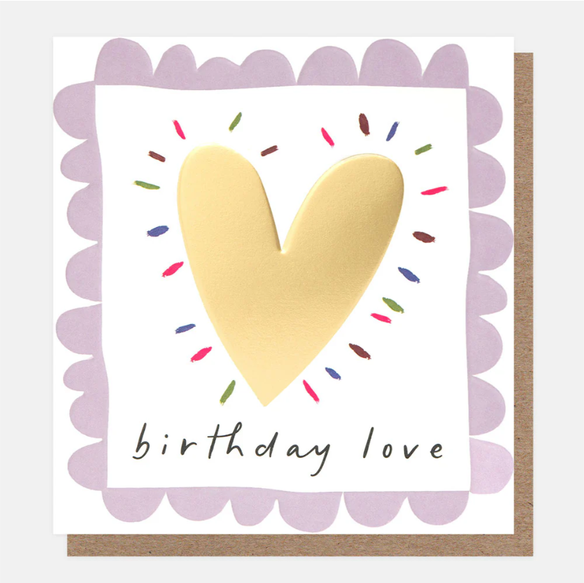 Birthday Card: Gold Heart in Lilac Scalloped Edge - Caroline Gardner