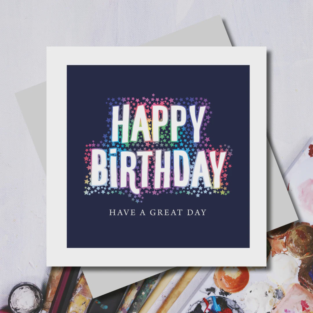 Birthday Card: Foil Happy Metallic Stars Birthday Text - Marina B