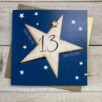 Age 13th Card: Big Star Hand Finished Wood Star - Blue - White Cotton Cards
