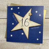 Age 16th Card: Big Star Hand Finished Wood Star - Blue - White Cotton Cards