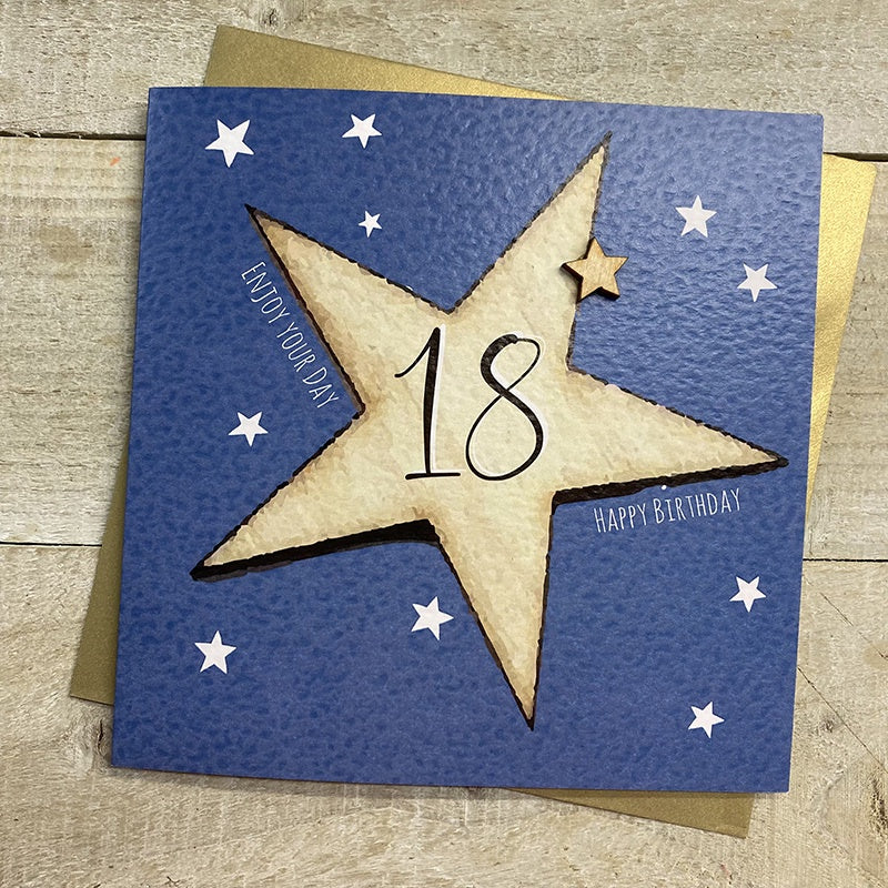 Age 18th Card: Big Star Hand Finished Wood Star - Blue - White Cotton Cards