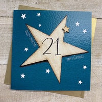 Age 21st Card: Big Star Hand Finished Wood Star - Blue - White Cotton Cards