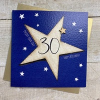 Age 30th Card: Big Star Hand Finished Wood Star - Blue - White Cotton Cards