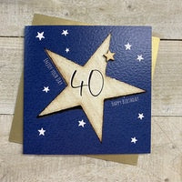 Age 40th Card: Big Star Hand Finished Wood Star - Blue - White Cotton Cards