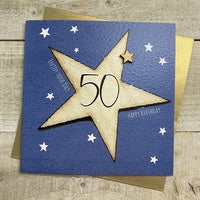 Age 50th Card: Big Star Hand Finished Wood Star - Blue - White Cotton Cards