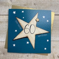 Age 60th Card: Big Star Hand Finished Wood Star - Blue - White Cotton Cards