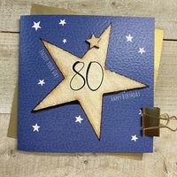 Age 80th Card: Big Star Hand Finished Crystals & Glitter - Blue - White Cotton Cards