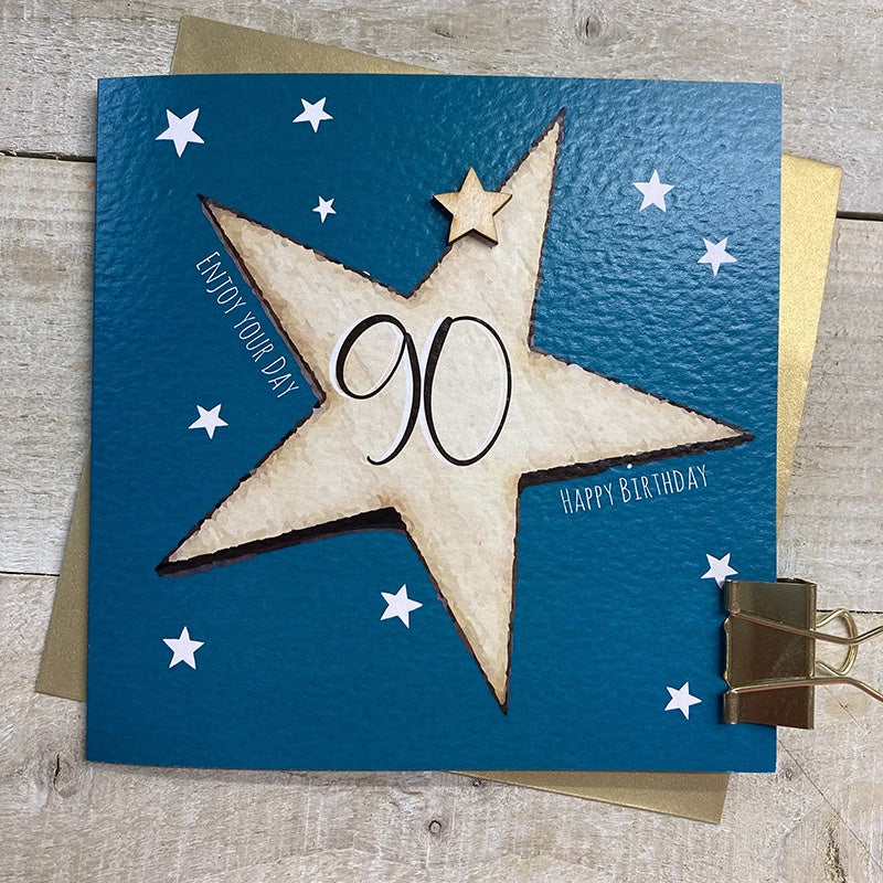 Age 90th Card: Big Star Hand Finished Crystals & Glitter - Blue - White Cotton Cards