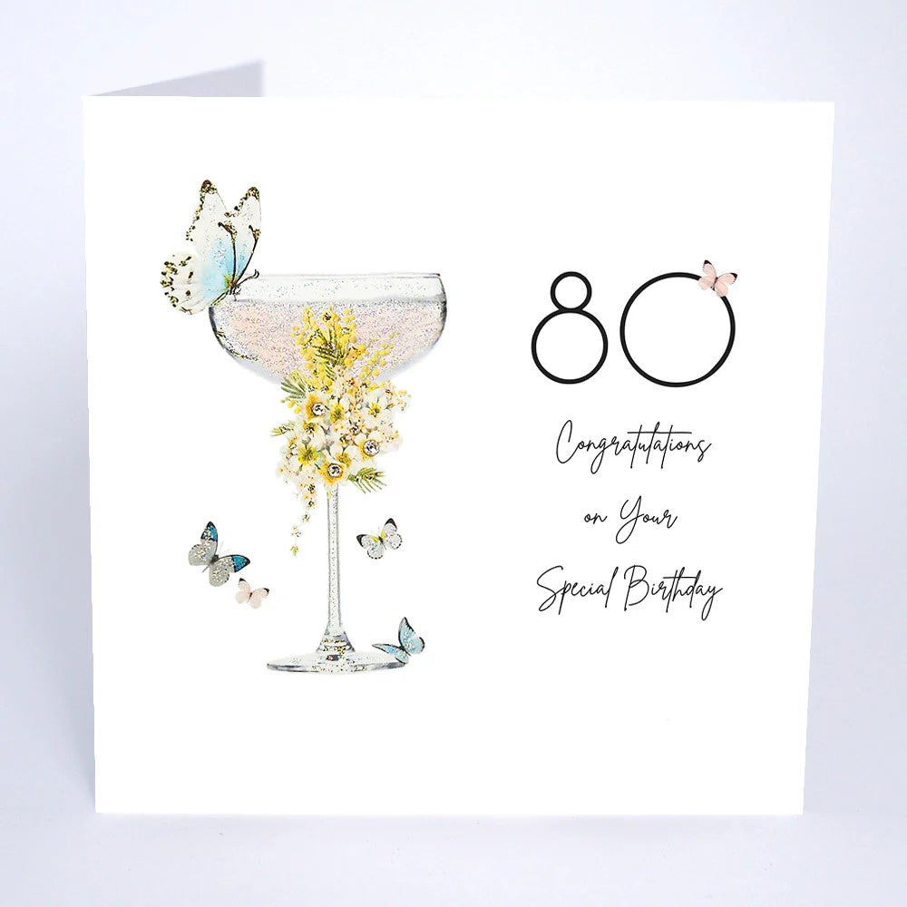 Age 80th Card: Cocktail Glass Butterflies Handmade Swarovski - Five Dollar Shake