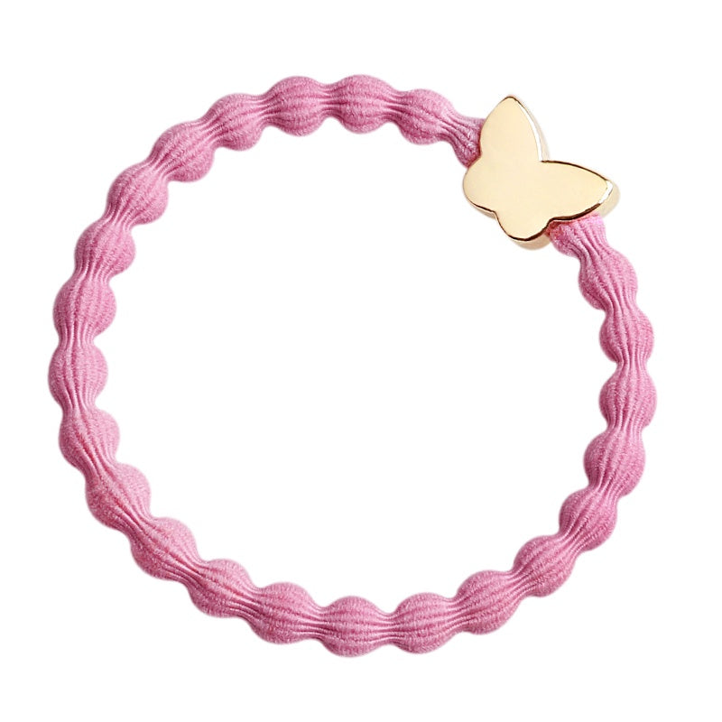 Hairband Bracelet: Stretch Bubble Elastic with Gold Butterfly - Rose Pink - By Eloise