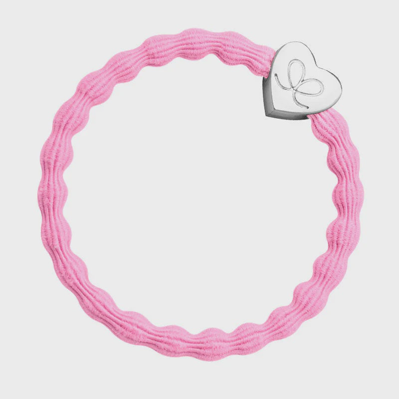 Hairband Bracelet: Stretch Bubble Elastic with  Silver Heart - Neon Pink
