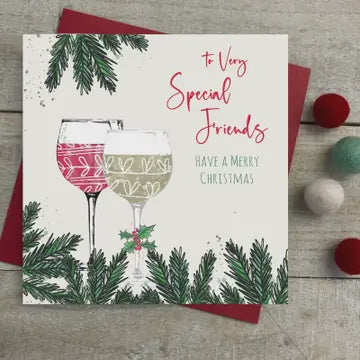 Christmas Card: Special Friends Wine & Gin Glasses Hand Decorated- White Cotton Cards