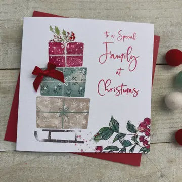 Christmas Card: Special Family 3 Presents Hand Decorated- White Cotton Cards