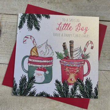 Christmas Card: Special Little Boy Christmas Hot Chocolate Hand Decorated- White Cotton Cards