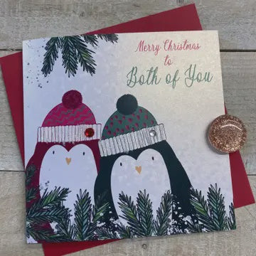 Christmas Card: Both of You Penguins Hand Decorated- White Cotton Cards