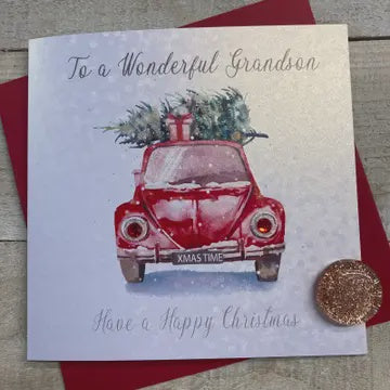 Christmas Card: Grandson Wonderful Red Car w Xmas Tree Hand Decorated- White Cotton Cards