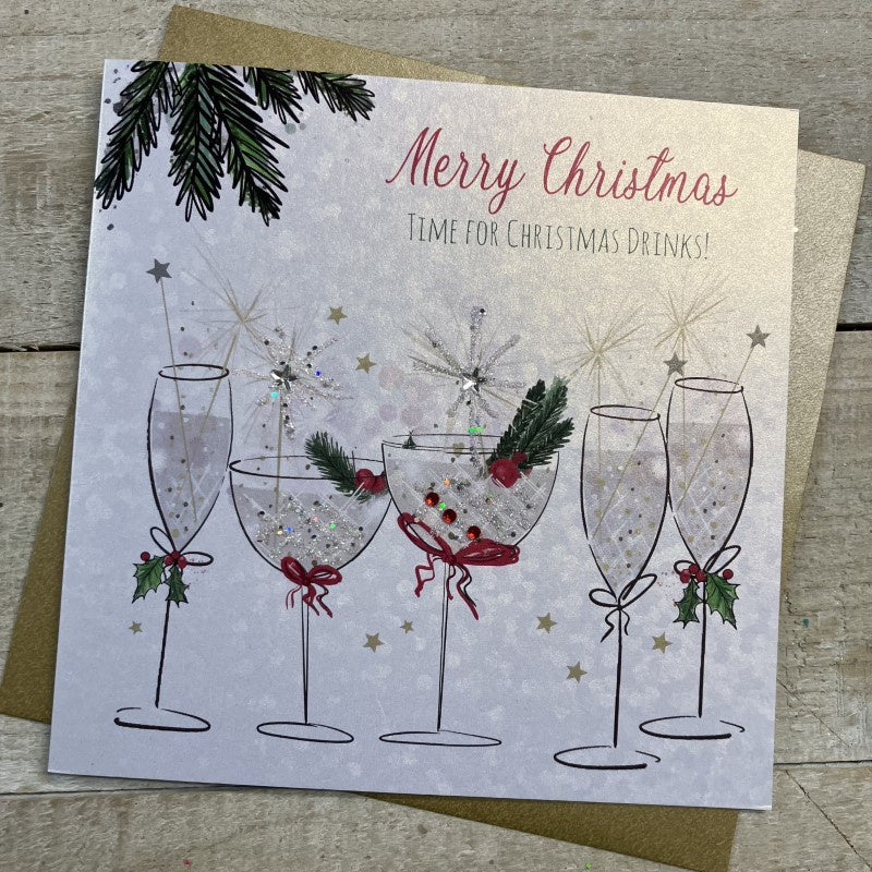 Christmas Card: Coupes & Flutes Christmas DrinksHand Decorated- White Cotton Cards