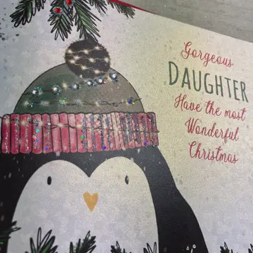 Christmas Card: Daughter- Penguin Hand Decorated- White Cotton Cards