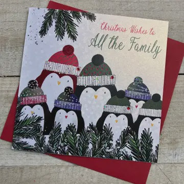 Christmas Card: Christmas Wishes To All Family Penguins Hand Decorated- White Cotton Cards