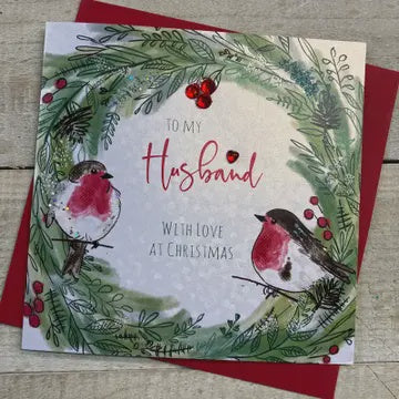 Christmas Card: Husband  With Love Hand Decorated- White Cotton Cards