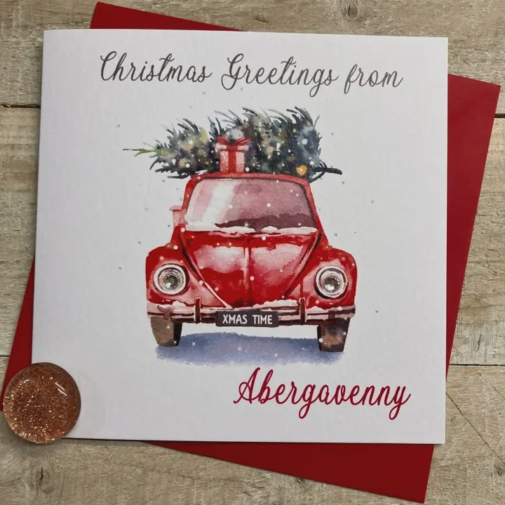 Christmas Card: Christmas Greetings From Wokingham  Car w Tree- Red - White  Cotton Cards