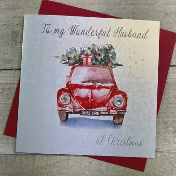 Christmas Card: Husband Car w Xmas Tree Hand Decorated- White Cotton Cards