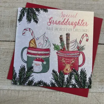 Christmas Card: Granddaughter Christmas Hot Chocolate Hand Decorated- White Cotton Cards