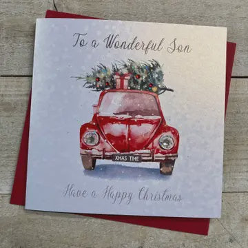 Christmas Card: Wonderful Son Car w Xmas TreeHand Decorated- White Cotton Cards