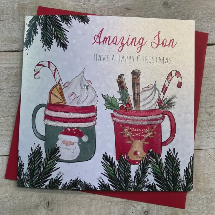 Christmas Card: Amazing Son Christmas Mugs Hand Decorated- White Cotton Cards