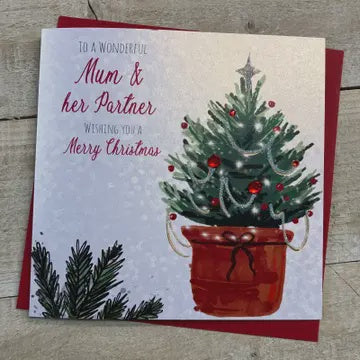Christmas Card: Mum & Partner Xmas Tree Hand Decorated - White Cotton Cards