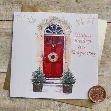 Christmas Card: Christmas Greetings From Wokingham Front Door - Red - White Cotton Cards