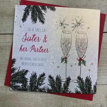 Christmas Card: Sister & Partner Cahmpagne Glasses Hand Decorated- White Cotton Cards