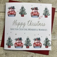Christmas Card: Merry Christmas Lots of Trees and Cars Hand Decorated- White Cotton Cards