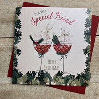 Christmas Card: Special Friend Coupe Glass Hand Decorated- White Cotton Cards