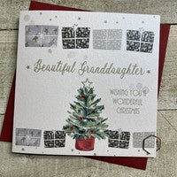 Christmas Card: Granddaughter Beautiful Tree Hand Decorated- White Cotton Cards