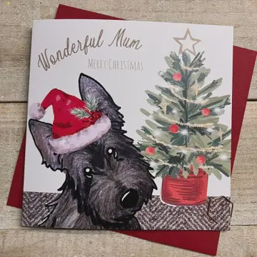 Christmas Card: Best Mum Cute Dog Hand Decorated- White Cotton Cards