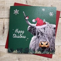 Christmas Card: Highland Cow Green Background Hand Decorated- White Cotton Cards