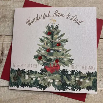 Christmas Card: Mum & Dad Xmas Tree Hand Decorated- White Cotton Cards